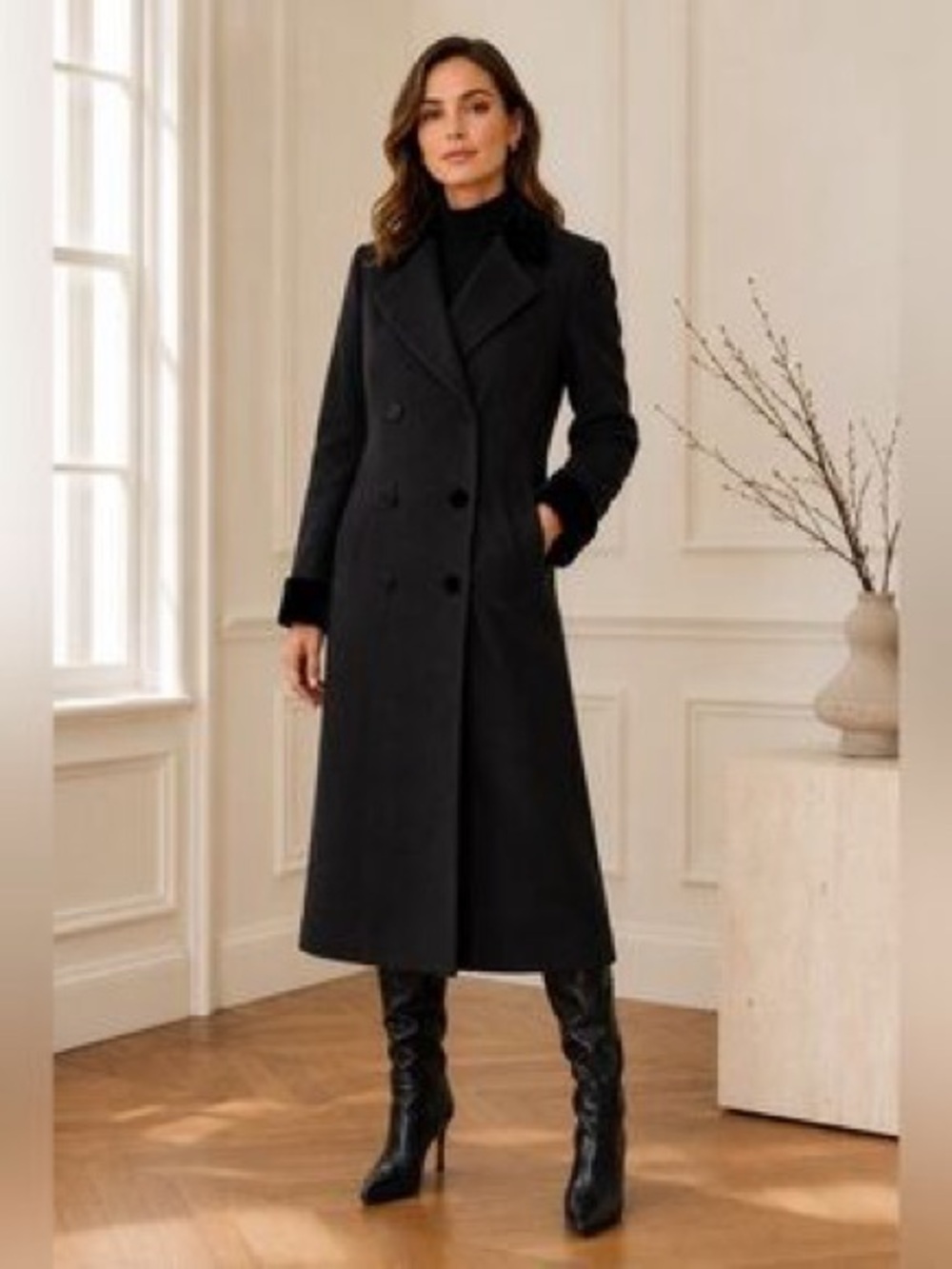 Liz Claiborne Black Double-Breasted Long Trench Coat